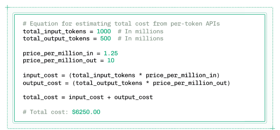用于估算产品中使用按令牌计费 API 总成本的公式。
